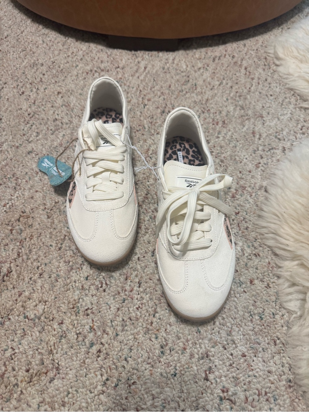 Reebok Women's Cream Sneakers with Leopard Insole Accent